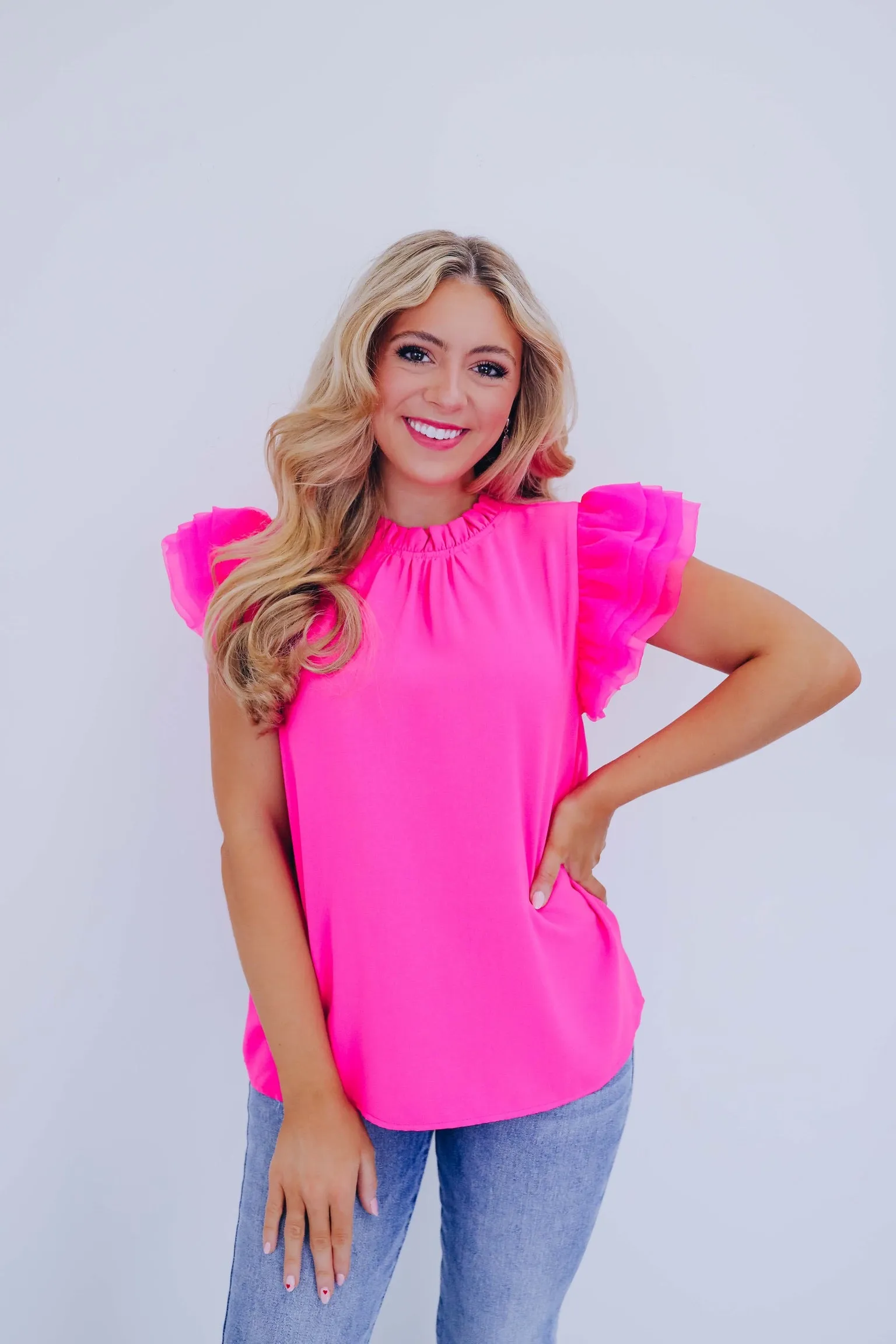 Angelica Tulle Ruffle Sleeve Top - Pink