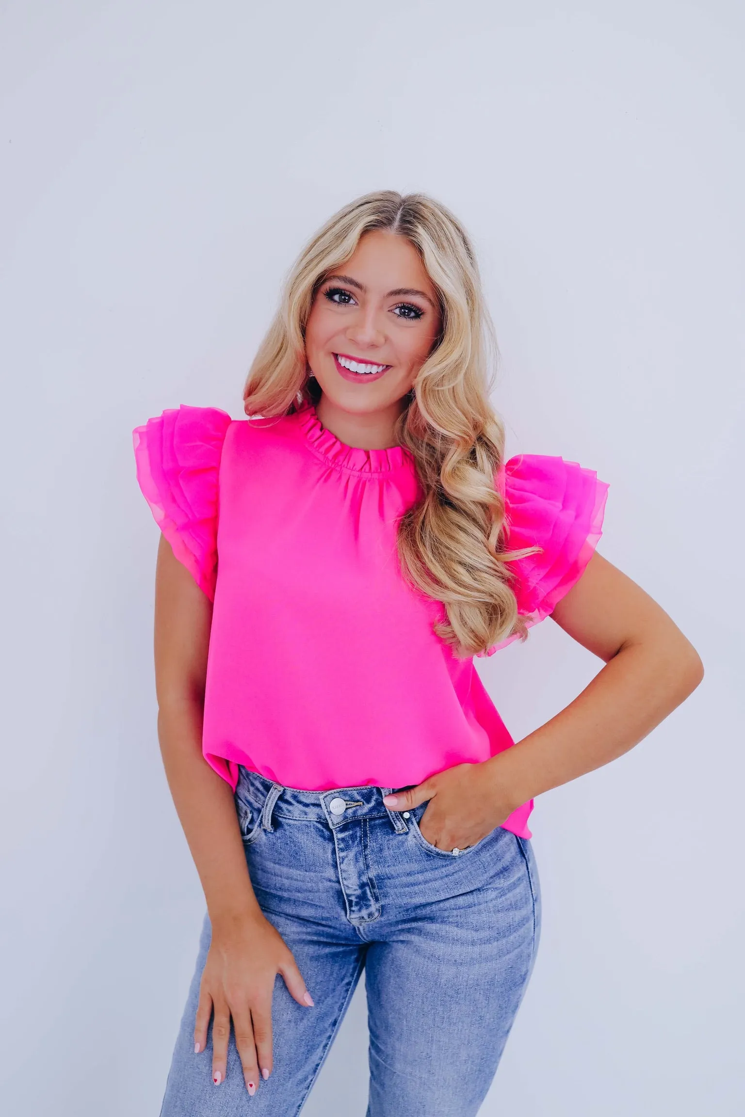 Angelica Tulle Ruffle Sleeve Top - Pink