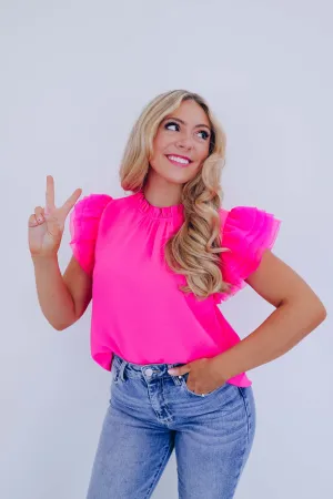 Angelica Tulle Ruffle Sleeve Top - Pink