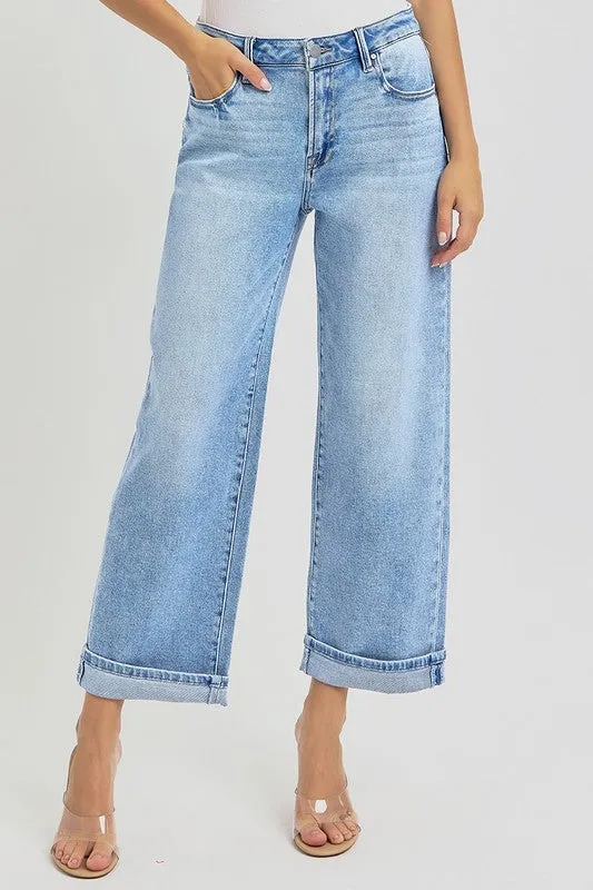 Ankle Wide Leg Cuffed Jeans Plus Size