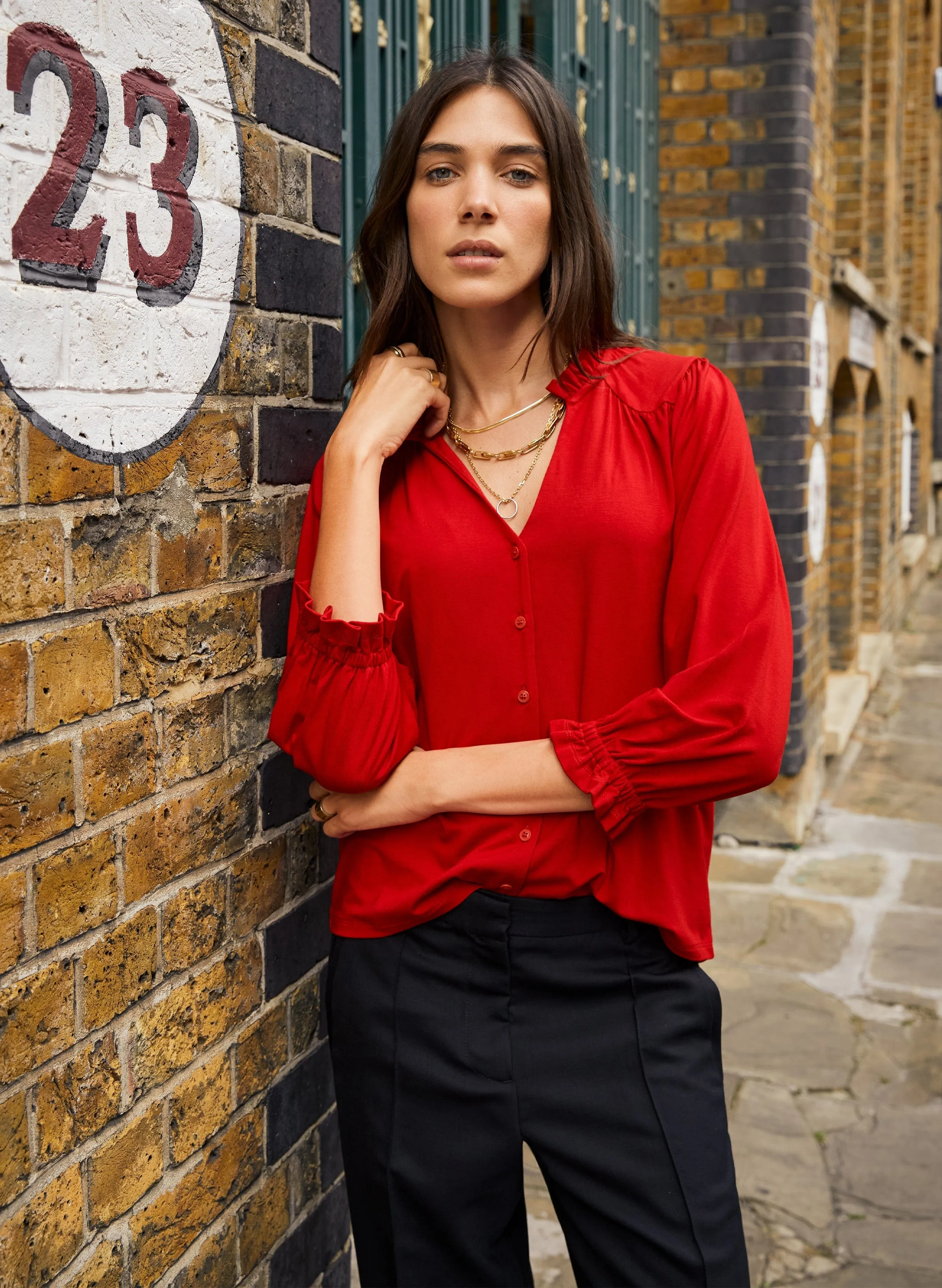 Annie LENZING™ ECOVERO™ Ruffle Collar Blouse | Crimson Red