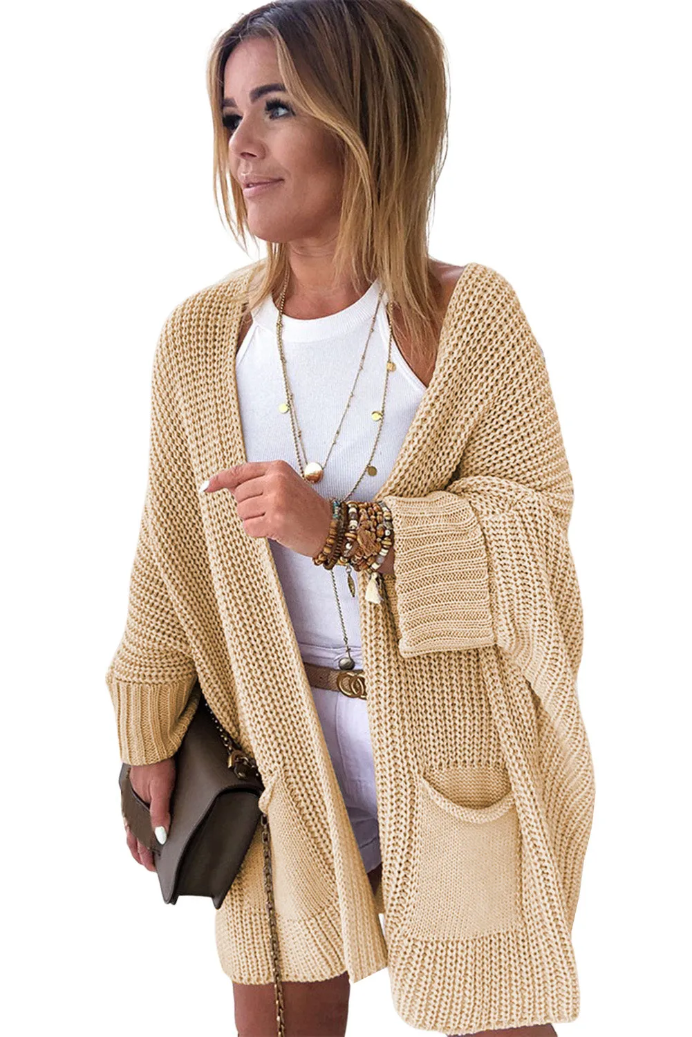 Apricot Oversized Fold Over Sleeve Sweater Cardigan