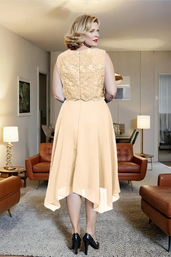 Asymmetrical Sleeveless Lace Overlay Chiffon Mother of the Bride Dress