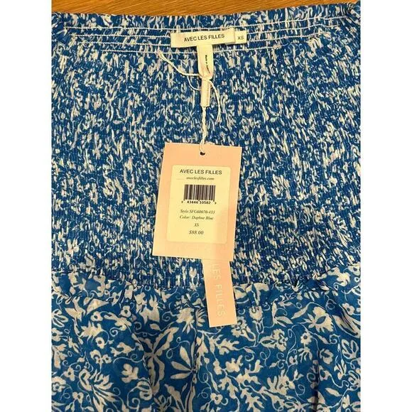 Avec Les Filles Blue White Floral Peasant Fit Flare Mini Skirt Women's XS NWT