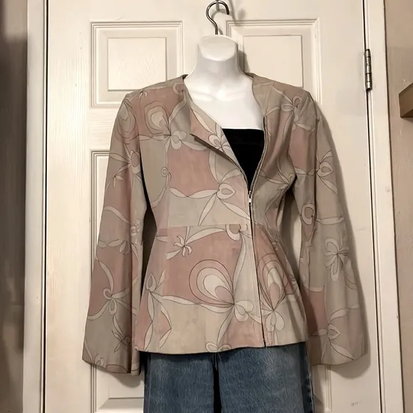 B lucid ltd Vintage Suede Leather Aysemmetrical Flare Sleeve Boho Zipper Jacket