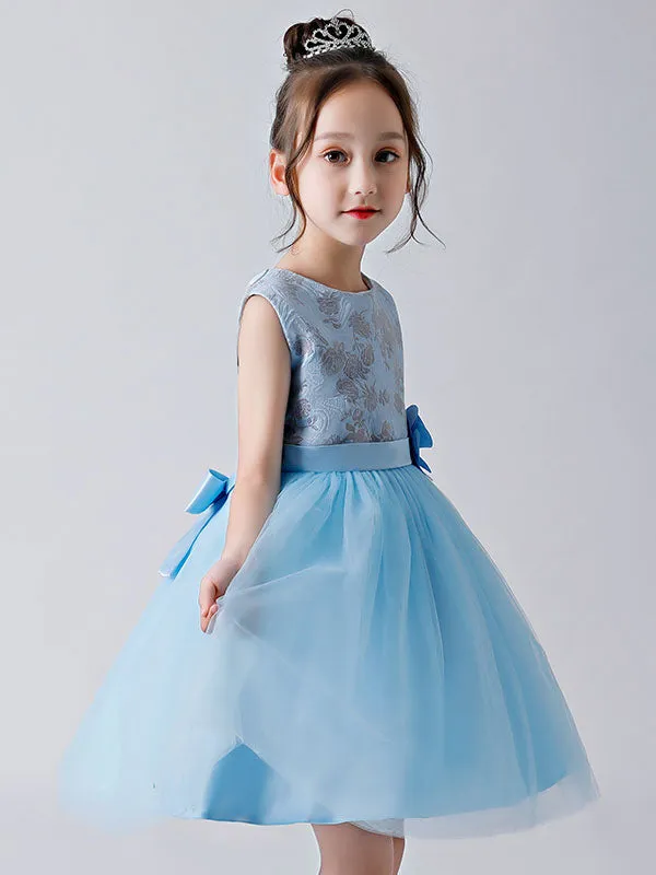 Baby Blue Jewel Neck Sleeveless Bows Tulle Polyester Kids Party Dresses