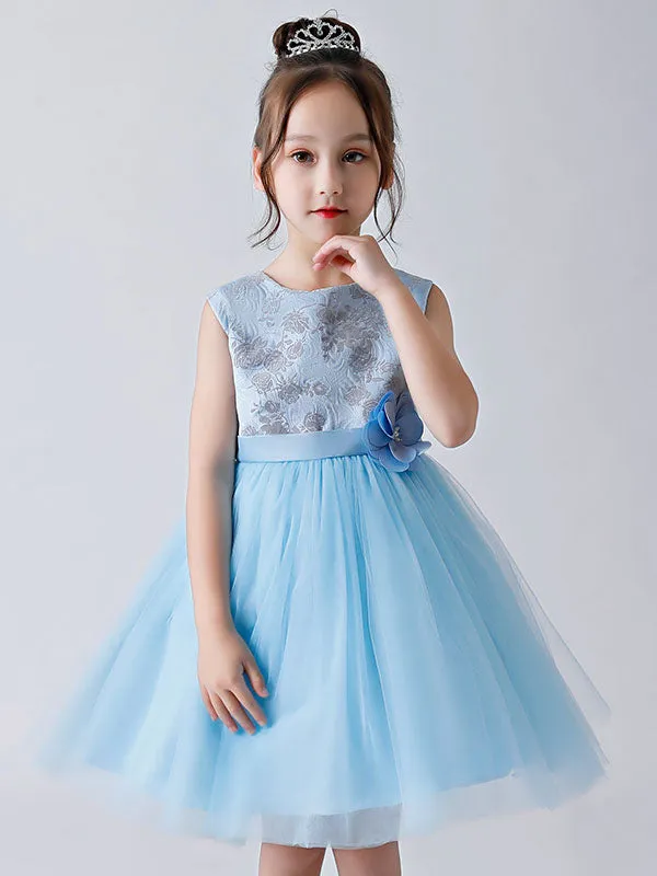 Baby Blue Jewel Neck Sleeveless Bows Tulle Polyester Kids Party Dresses