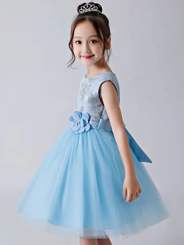 Baby Blue Jewel Neck Sleeveless Bows Tulle Polyester Kids Party Dresses