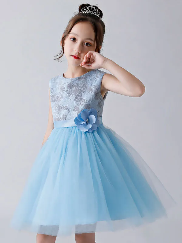 Baby Blue Jewel Neck Sleeveless Bows Tulle Polyester Kids Party Dresses