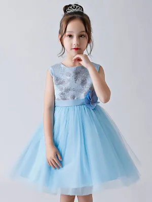 Baby Blue Jewel Neck Sleeveless Bows Tulle Polyester Kids Party Dresses