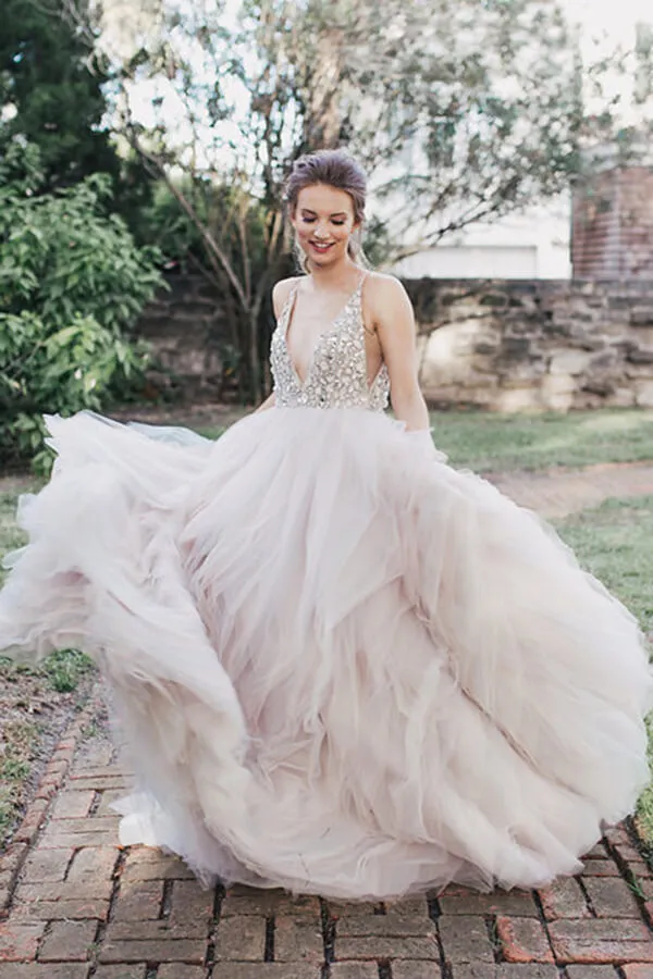 Ball Gown Beaded Bodice Deep V-neck Wedding Dresses, Bridal Gown, MW622