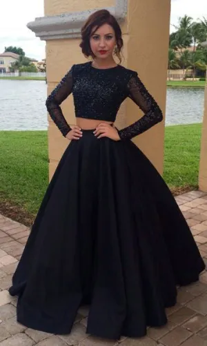 Ball Gown Black Two Piece Long Sleeve Prom Dress