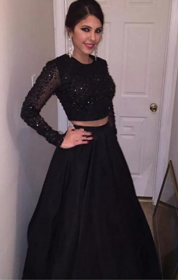 Ball Gown Black Two Piece Long Sleeve Prom Dress