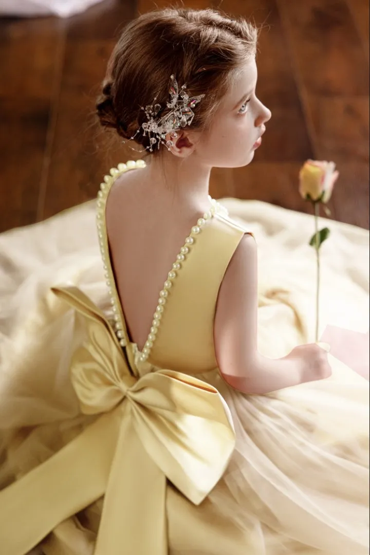 Ball-Gown/Princess V-Neck Floor-Length Tulle/Satin Flower Girl Dress With Bow