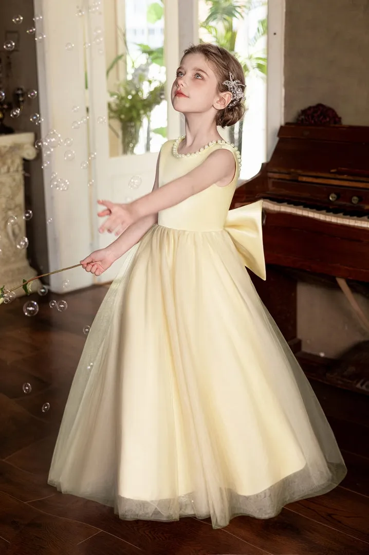 Ball-Gown/Princess V-Neck Floor-Length Tulle/Satin Flower Girl Dress With Bow