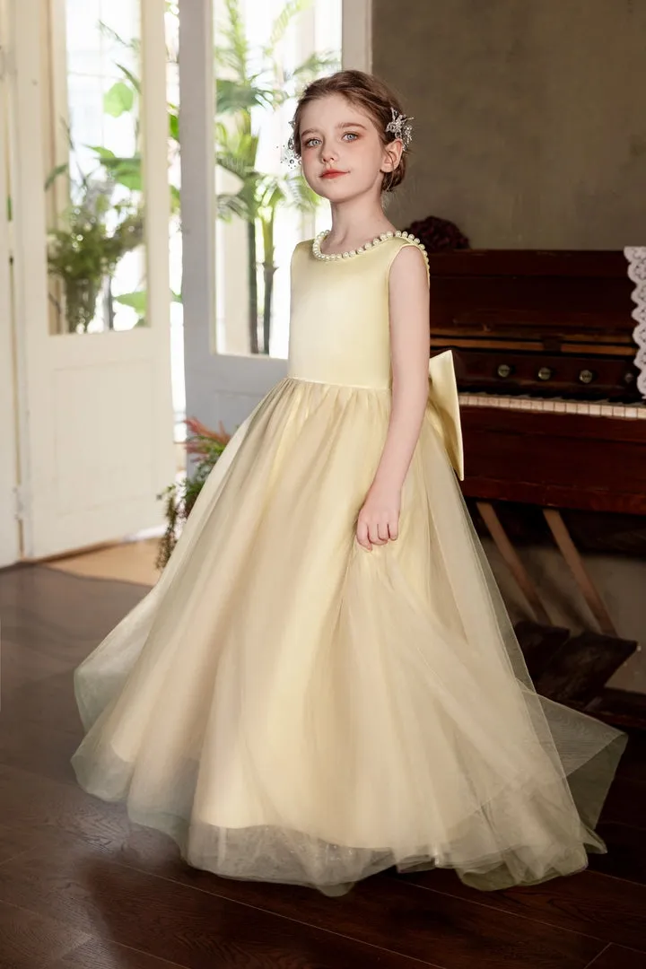 Ball-Gown/Princess V-Neck Floor-Length Tulle/Satin Flower Girl Dress With Bow