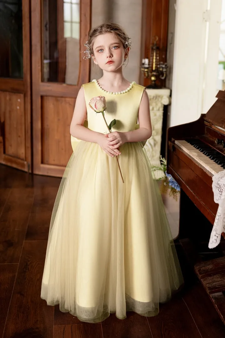 Ball-Gown/Princess V-Neck Floor-Length Tulle/Satin Flower Girl Dress With Bow