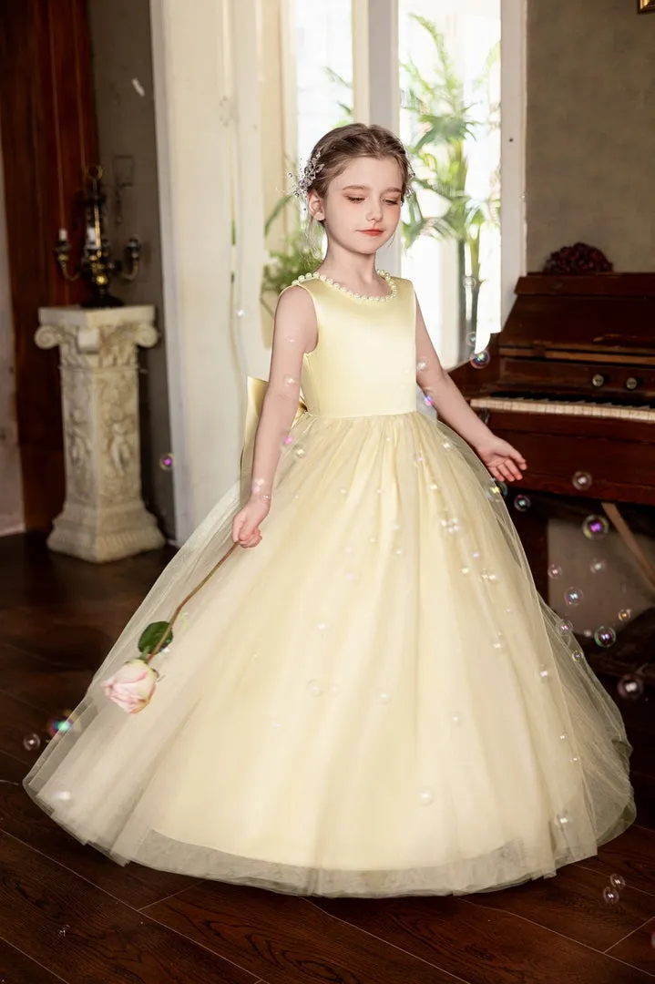 Ball-Gown/Princess V-Neck Floor-Length Tulle/Satin Flower Girl Dress With Bow