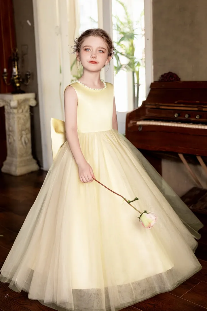 Ball-Gown/Princess V-Neck Floor-Length Tulle/Satin Flower Girl Dress With Bow