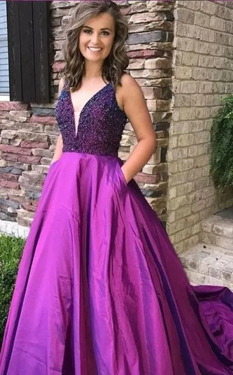 Beaded Fuchsia Prom Dress with Pocket