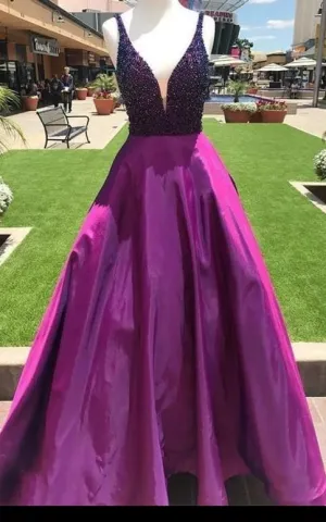Beaded Fuchsia Prom Dress with Pocket