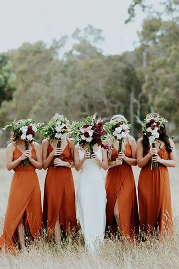 Beautiful Dark Orange A-line Spaghetti Straps Bridesmaid Dress With Split, MBD146