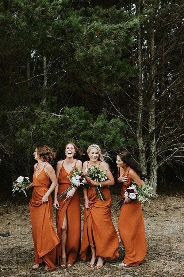 Beautiful Dark Orange A-line Spaghetti Straps Bridesmaid Dress With Split, MBD146