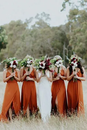 Beautiful Dark Orange A-line Spaghetti Straps Bridesmaid Dress With Split, MBD146