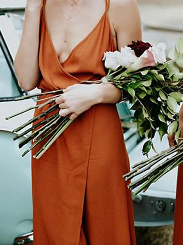 Beautiful Dark Orange A-line Spaghetti Straps Bridesmaid Dress With Split, MBD146