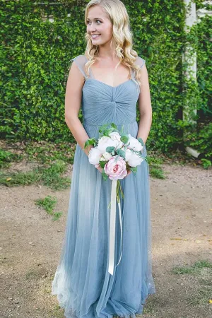 Beautiful Dusty Blue Tulle A-line Floor-Length Long Bridesmaid Dresses, MBD151