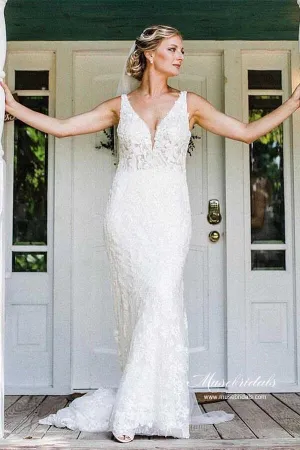 Beautiful Tulle Mermaid V-neck Lace Wedding Dresses, Wedding Gown, MW941
