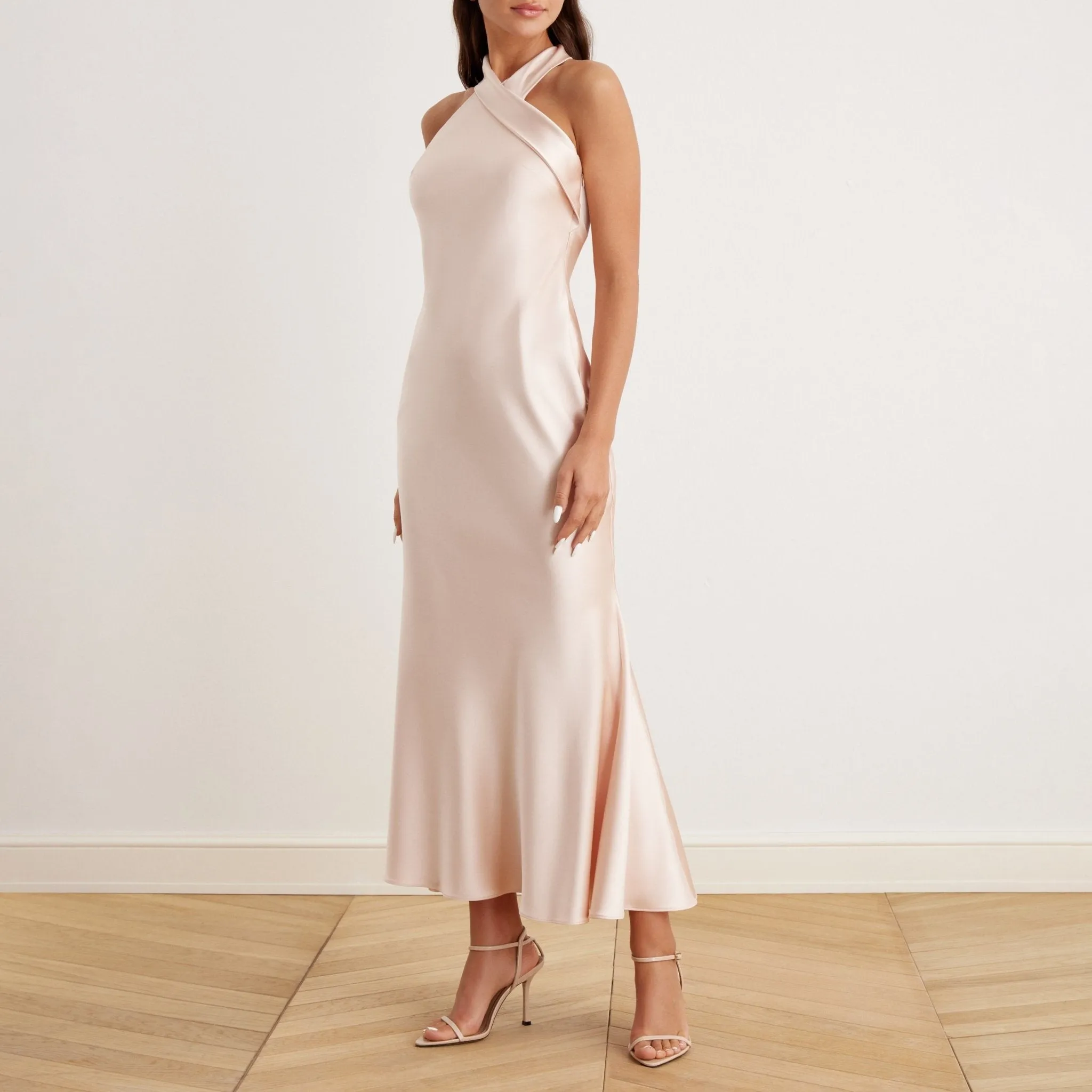 Beige Criss Cross Halter Satin Maxi Dress