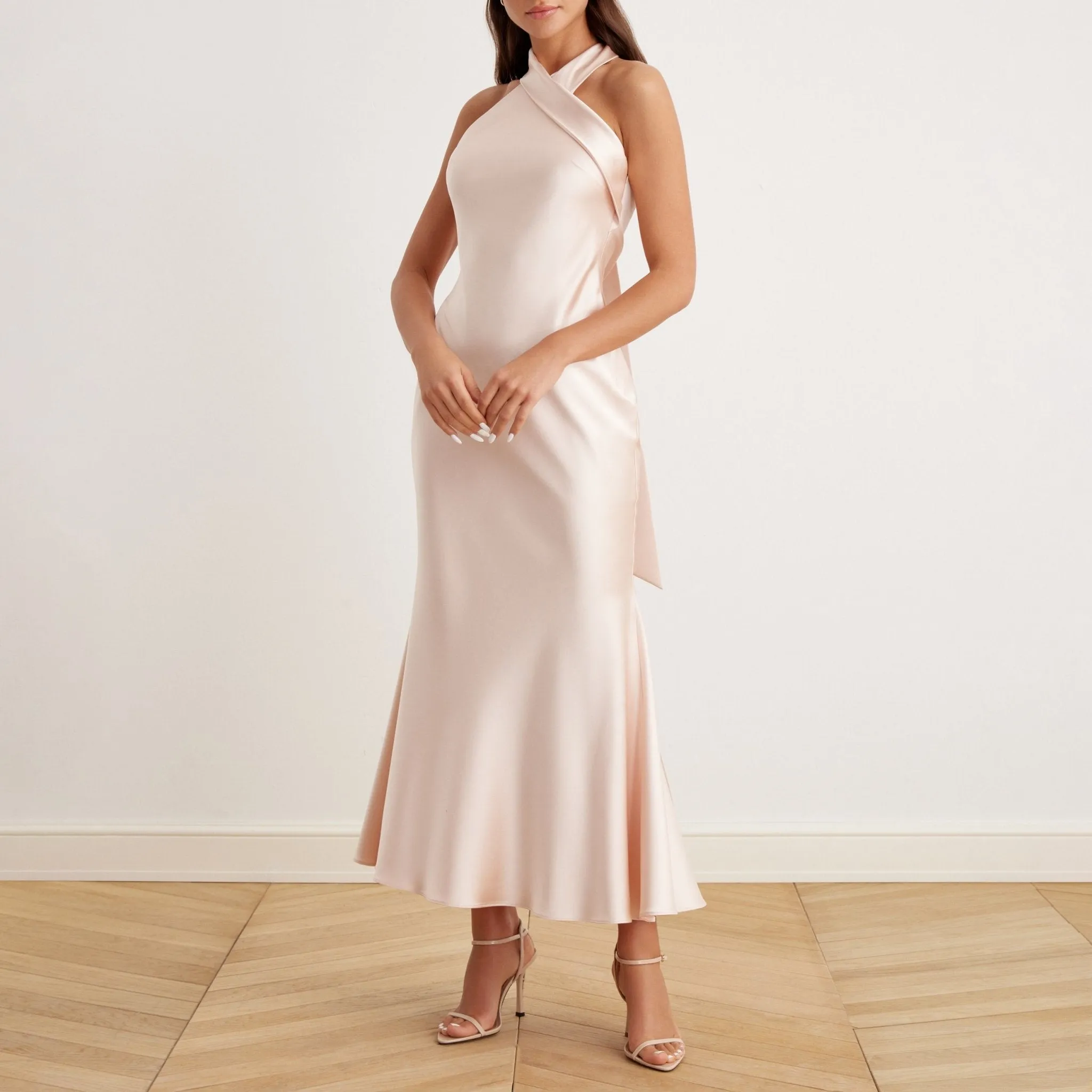 Beige Criss Cross Halter Satin Maxi Dress
