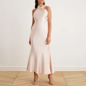 Beige Criss Cross Halter Satin Maxi Dress