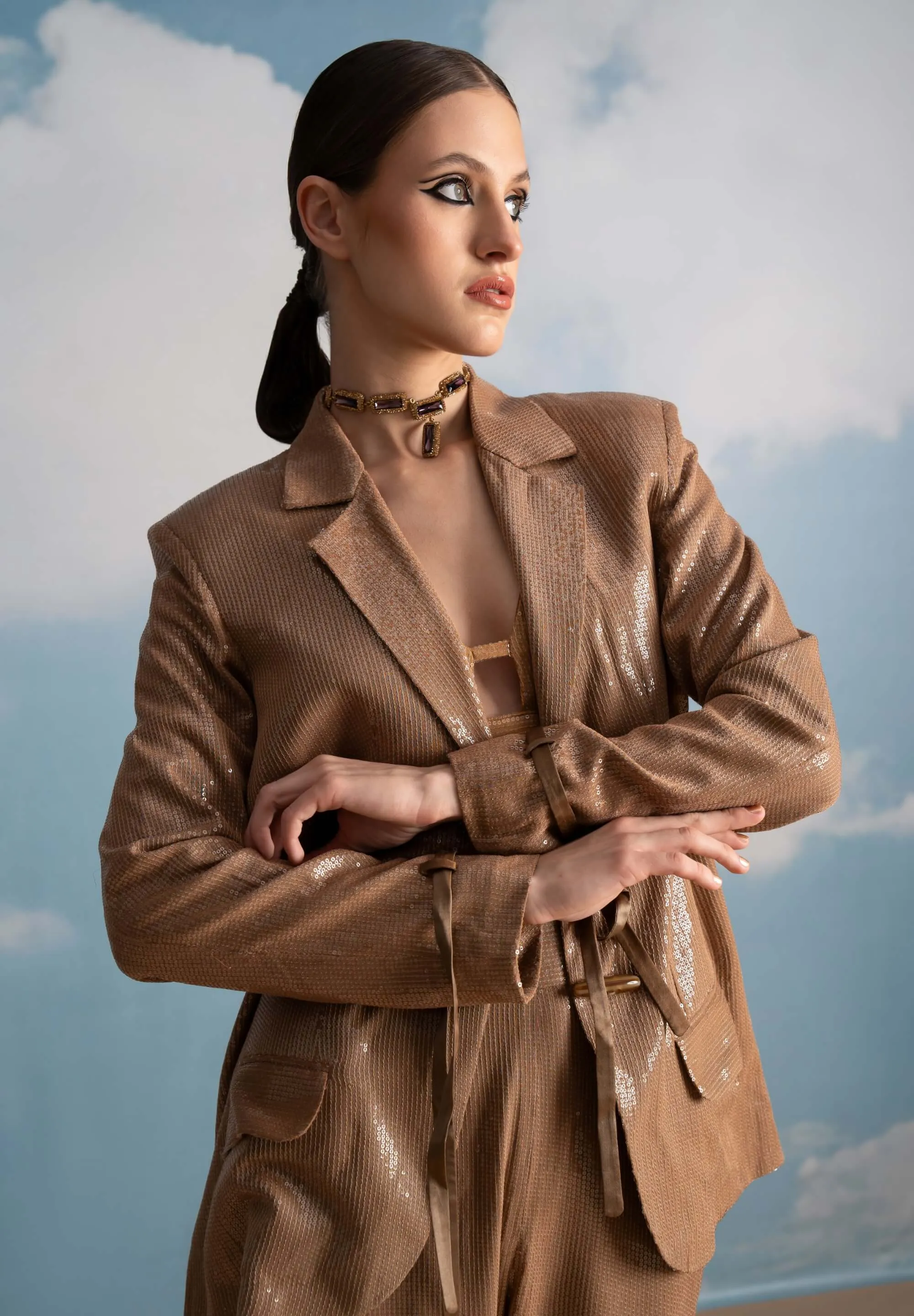 Beige luxe sheeted sequins pantsuit set