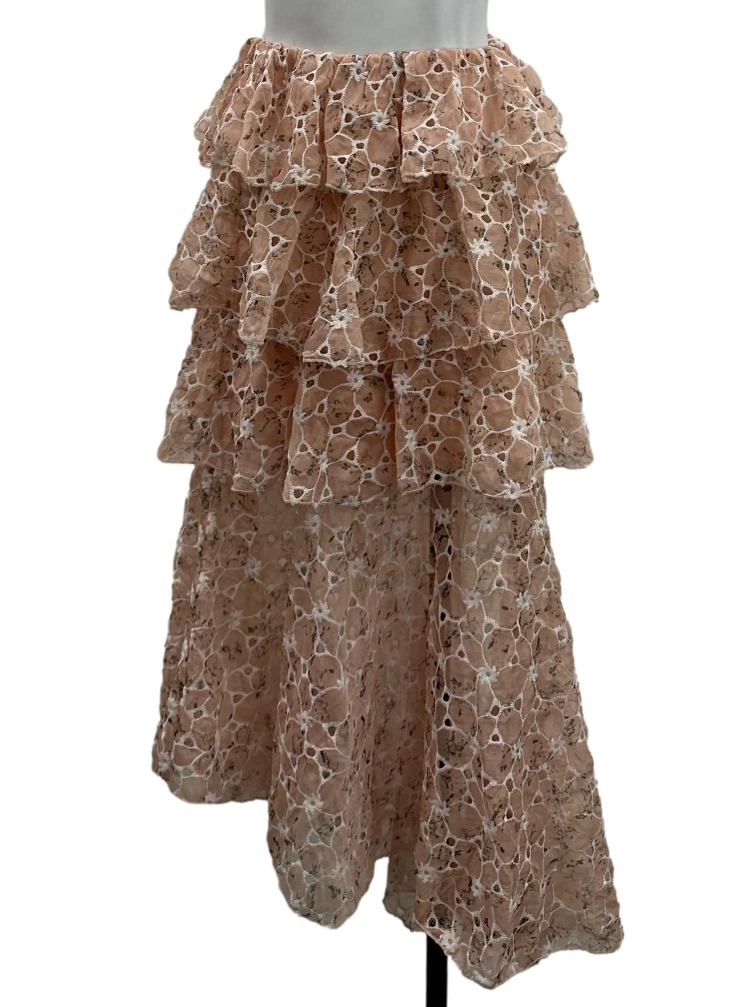 Beige Pink Eyelet Mesh Layered Skirt