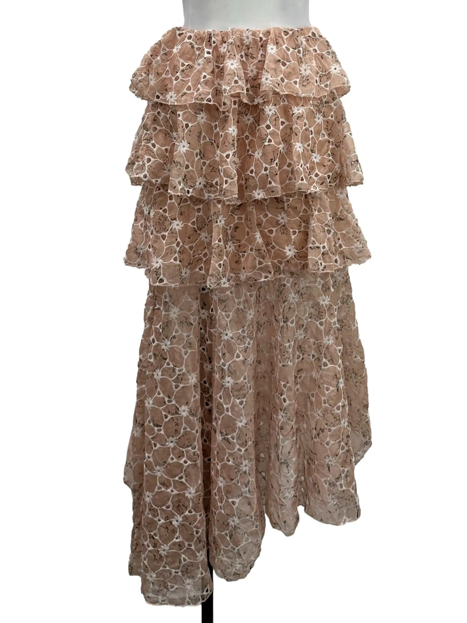Beige Pink Eyelet Mesh Layered Skirt