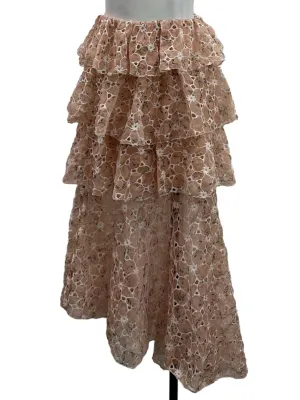 Beige Pink Eyelet Mesh Layered Skirt