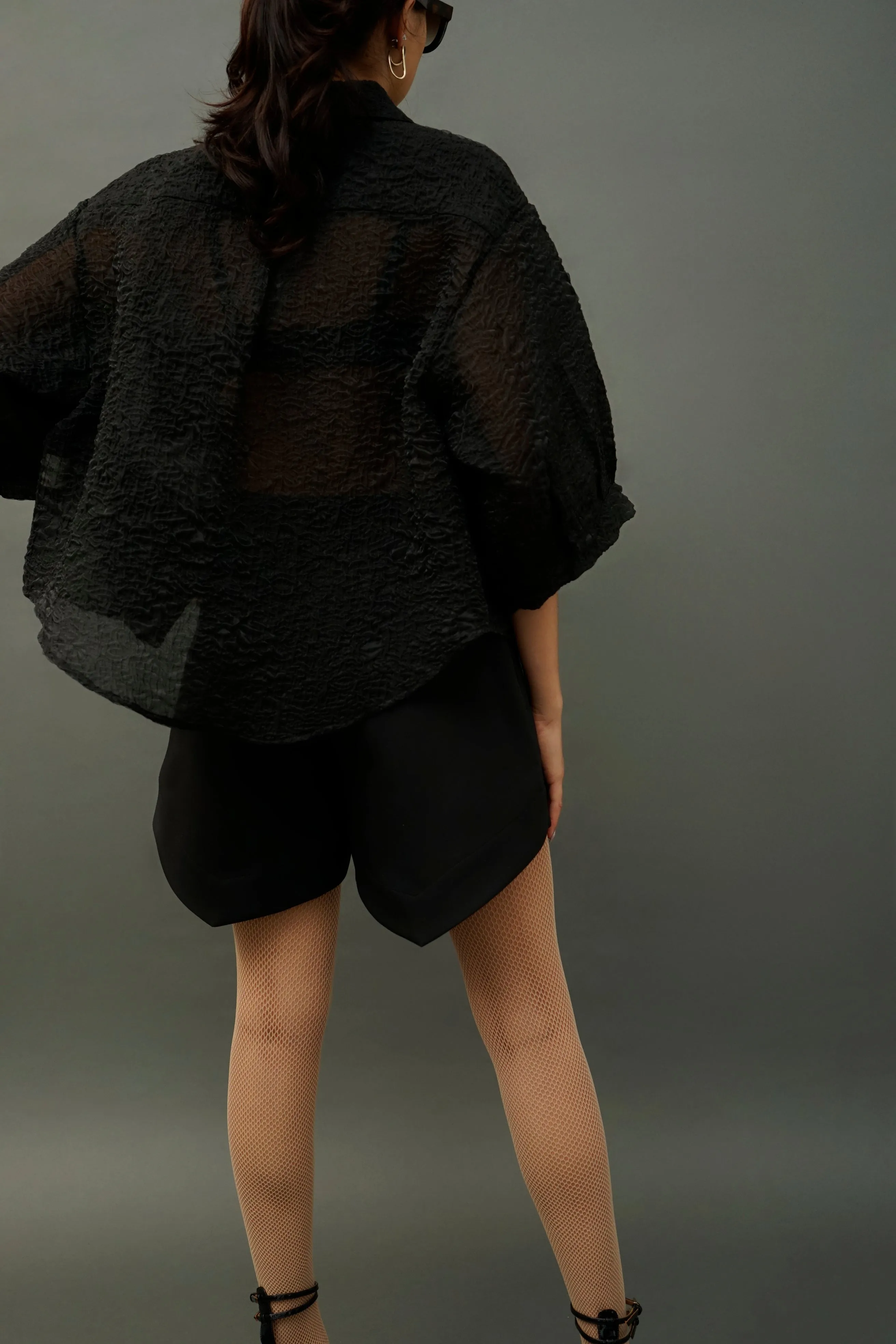 Belle Black Crinkle Sheer Oversized Shirt