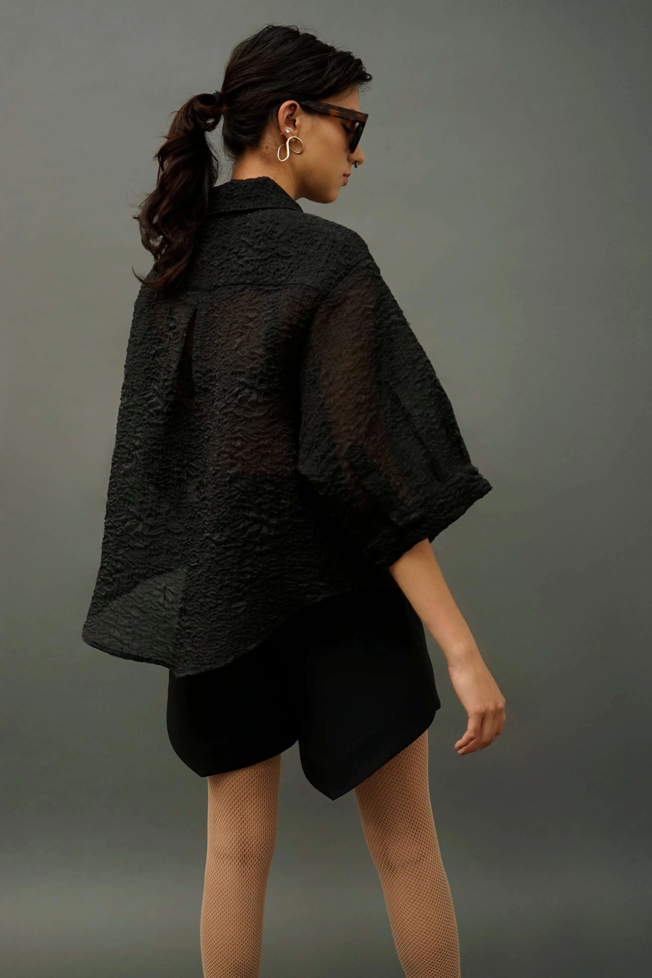 Belle Black Crinkle Sheer Oversized Shirt