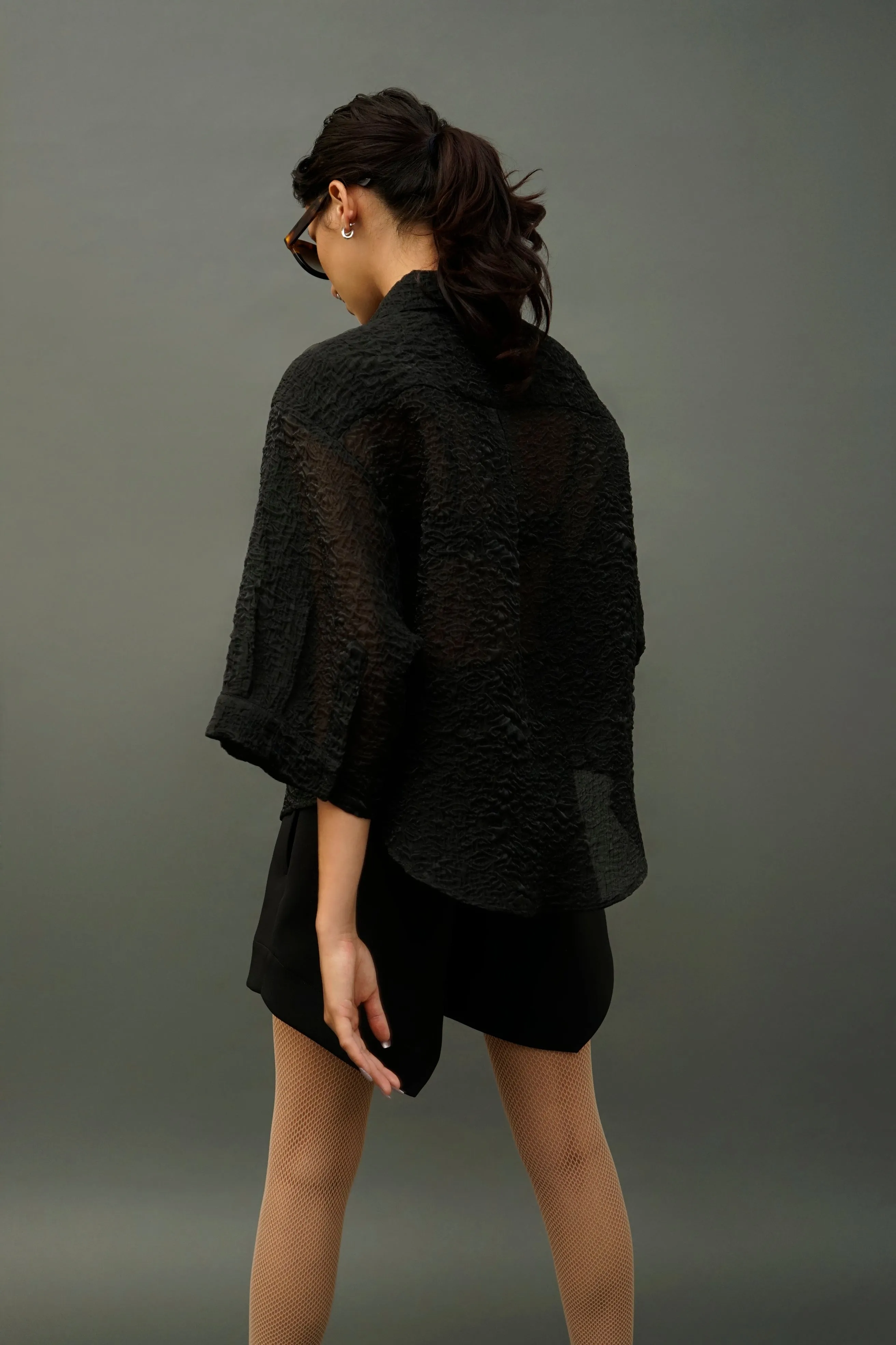 Belle Black Crinkle Sheer Oversized Shirt