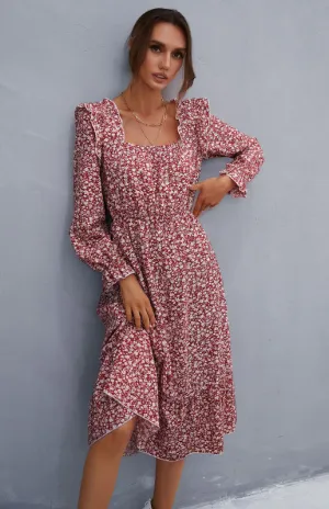 BerryBetty - Ladies Square Neck Long Sleeve Ruffled Floral Dress