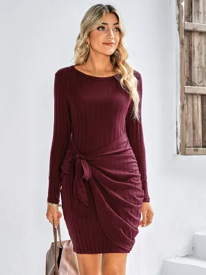 BerryBetty - Women's Solid Color Tie Front Rib-knit Crew Neck Mini Dress