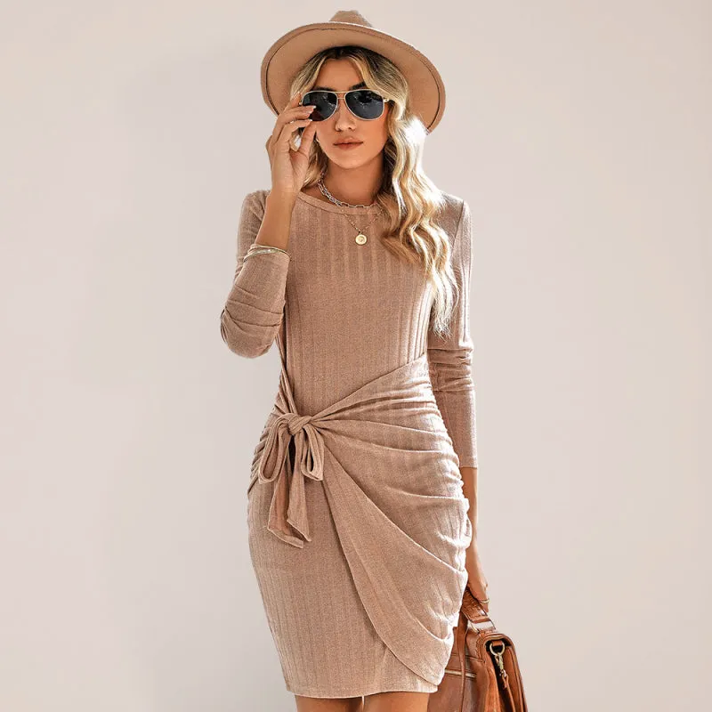 BerryBetty - Women's Solid Color Tie Front Rib-knit Crew Neck Mini Dress