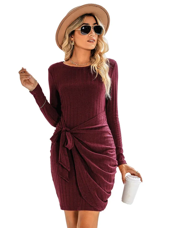 BerryBetty - Women's Solid Color Tie Front Rib-knit Crew Neck Mini Dress