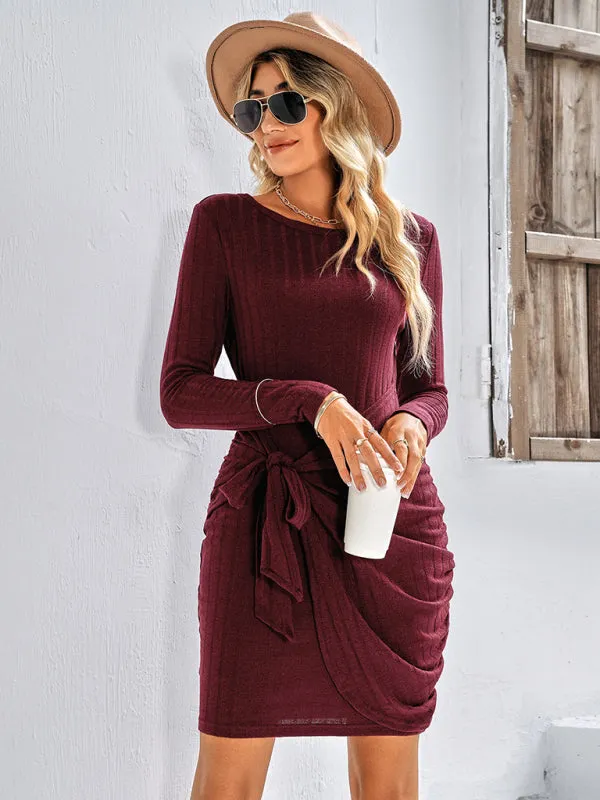 BerryBetty - Women's Solid Color Tie Front Rib-knit Crew Neck Mini Dress