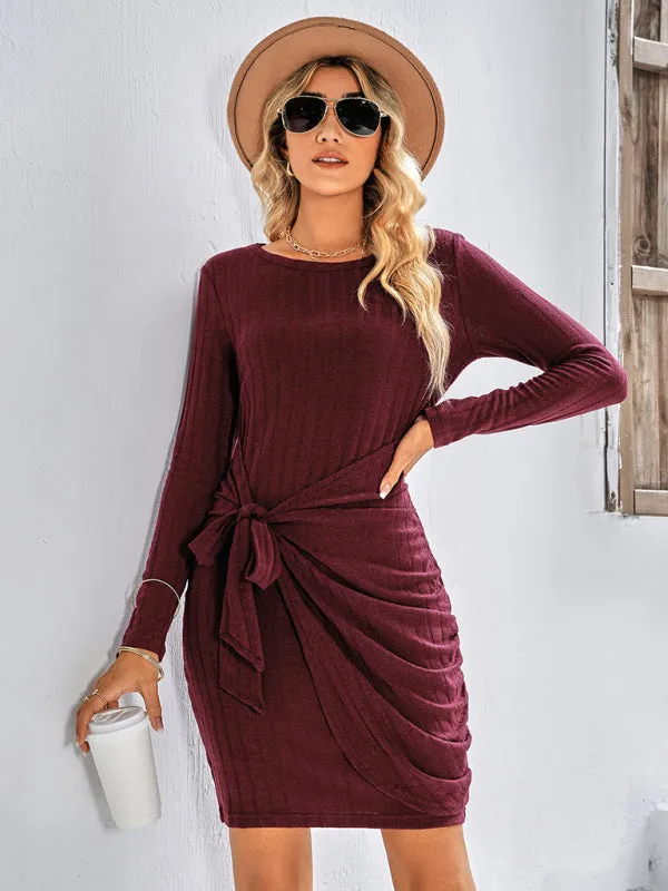 BerryBetty - Women's Solid Color Tie Front Rib-knit Crew Neck Mini Dress