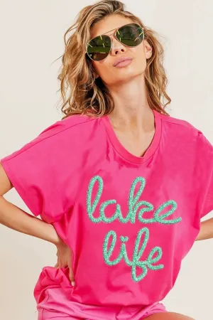 BiBi Metallic Letter Short Dolman Sleeve Top
