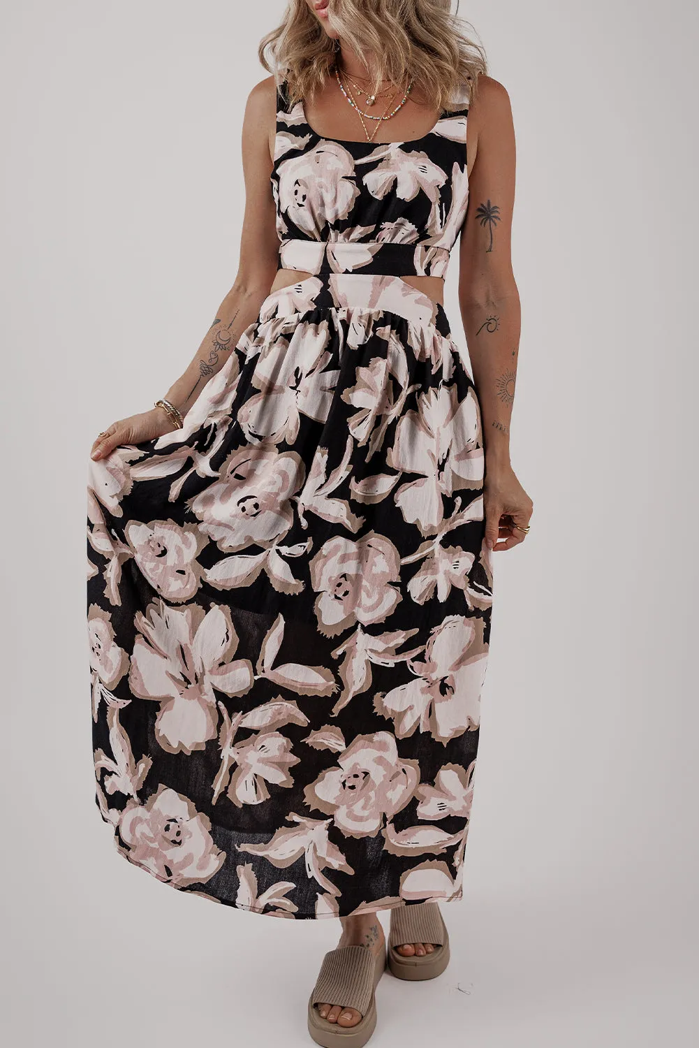 Black Floral Cutout Square Neck Knot Back Sleeveless Maxi Dress