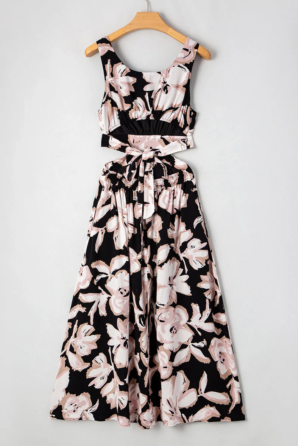 Black Floral Cutout Square Neck Knot Back Sleeveless Maxi Dress